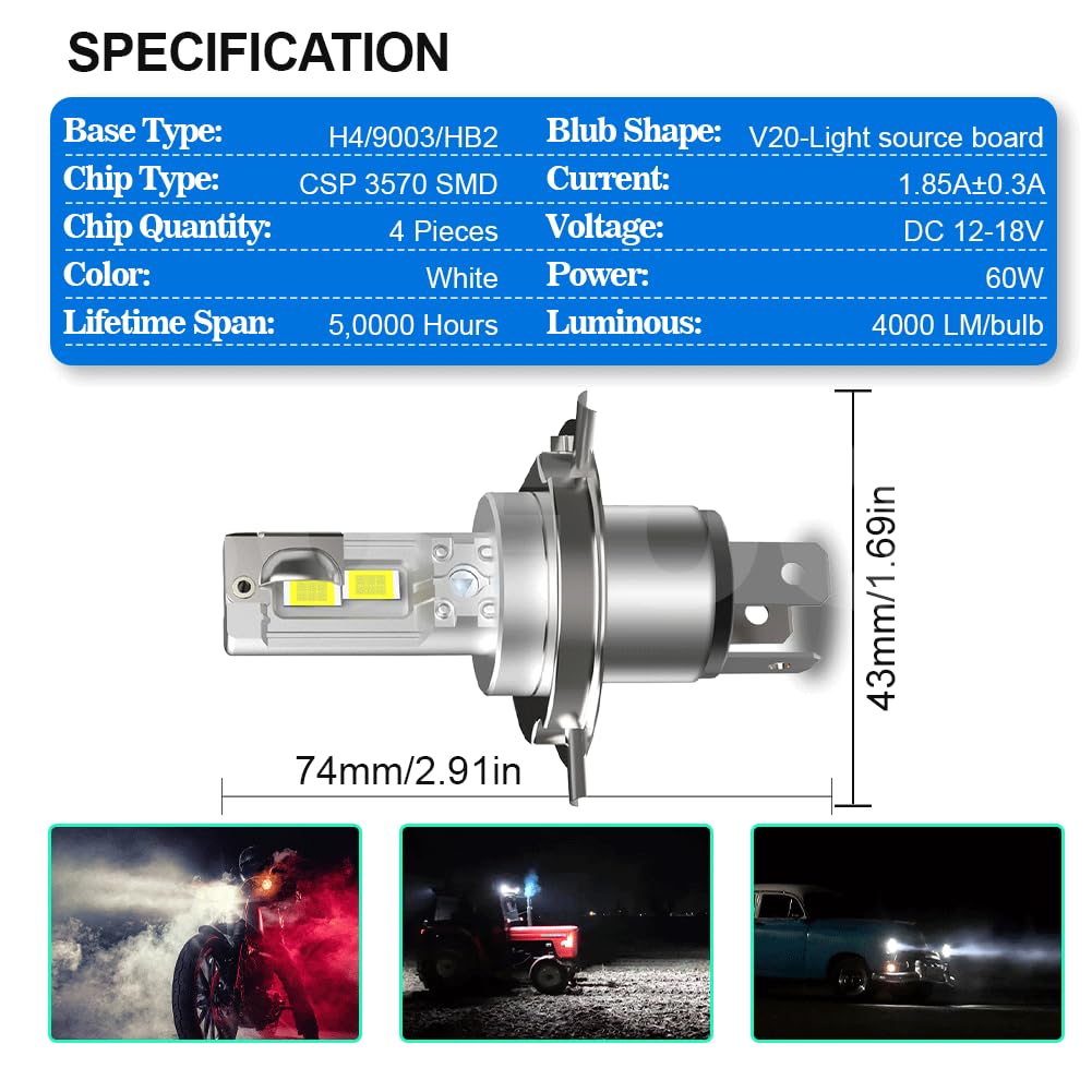 SOFOC H4 Lampadina 9003/HB2 Led 500% Più Luminosa Dei Fari Alogeni Per Moto/Auto Bianco DC 12V-18V 60W 4000Lm P43T Design Con Fascio Alto E Basso 1Pcs