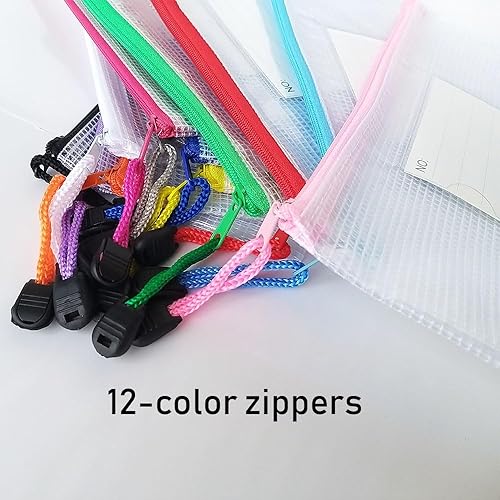 Miniatura 7 de AUSTARK Bolsa de malla de plástico con cremallera, 12 bolsas de archivos con cremallera con bolsillo para etiquetas, bolsas de almacenamiento de