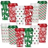 Pickmesh 12 Pack Christmas Reusable Coffee Cup 16 oz Christmas Tree Snowflake Elk Pattern Tumblers with Lid Plastic Travel Coffee Mug Thank You Gifts for Hot and Cold Drinks