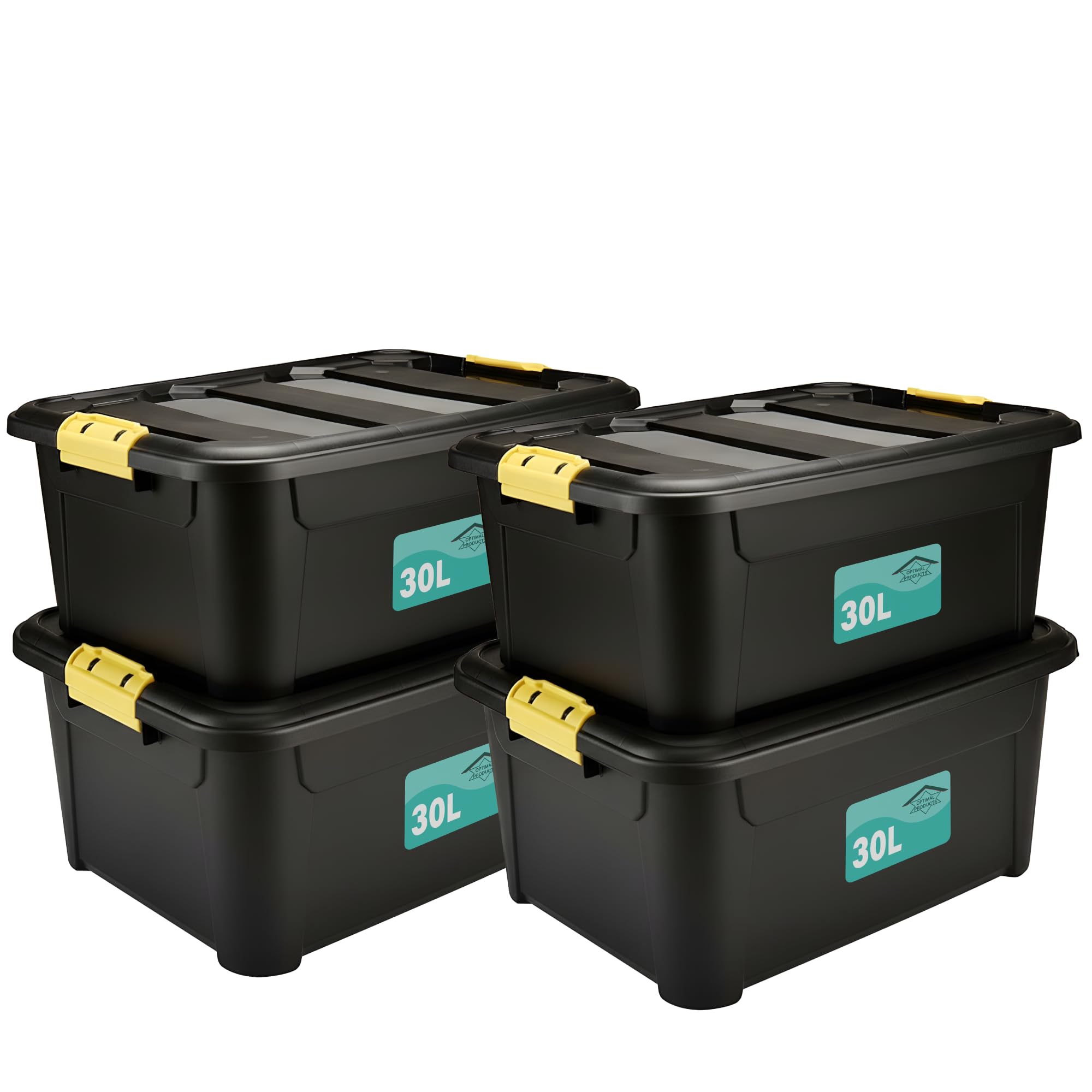 Pack Of 4 Plastic Storage Boxes Black, Heavy Duty Multi-Purpose Indoor & Outdoor Stackable Strong Container Lid Yellow Lock Clip Handles Home, Office School Arts & Crafts Nestable (30 Litre) — image 1
