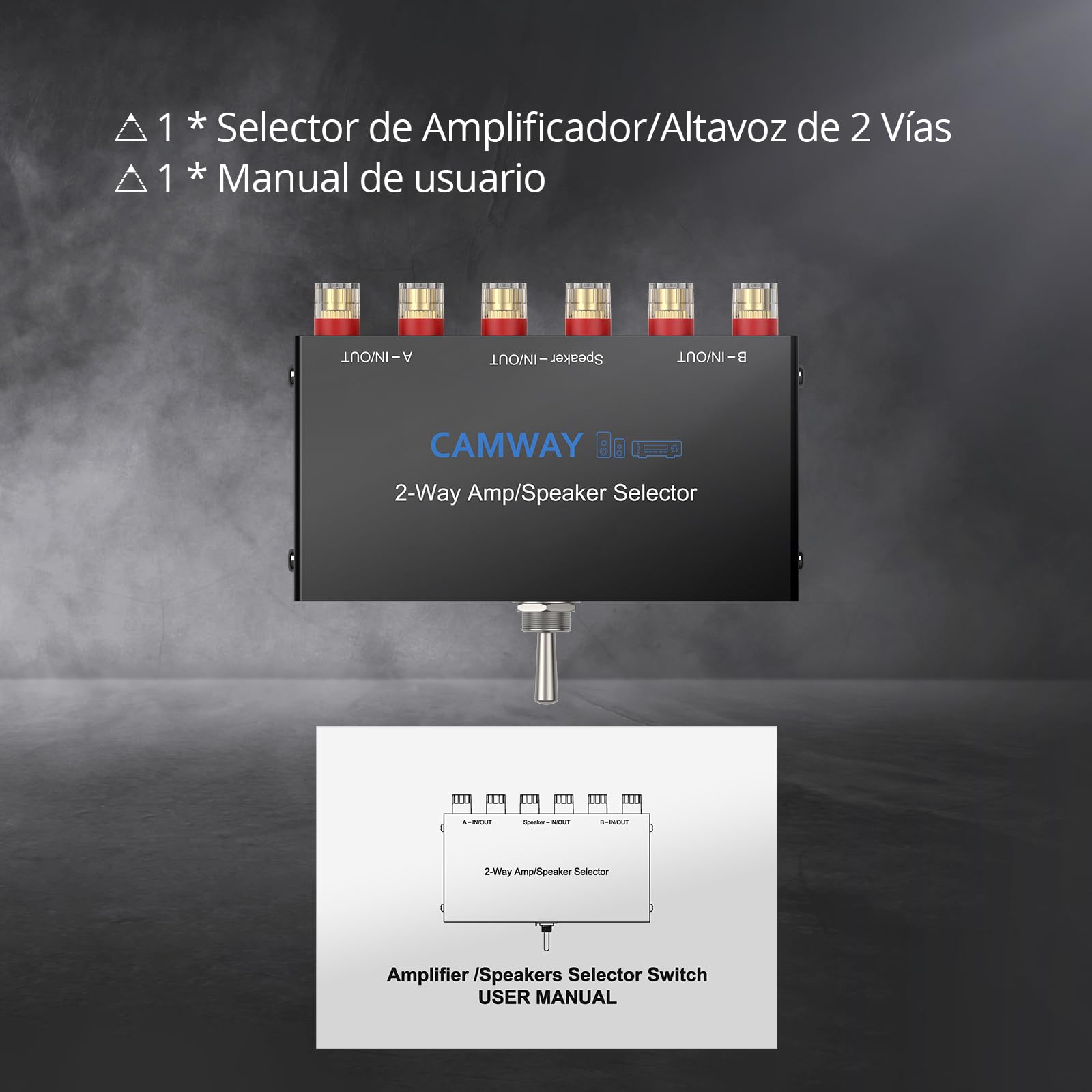 CAMWAY Conmutador de Audio Bidireccional 2 In 1 out / 1 In 2 out, Selector de Amplificador/Altavoz con Interruptor Mecánico (A/B/Off), Conectores Banana Chapados en Oro,Plug and Play