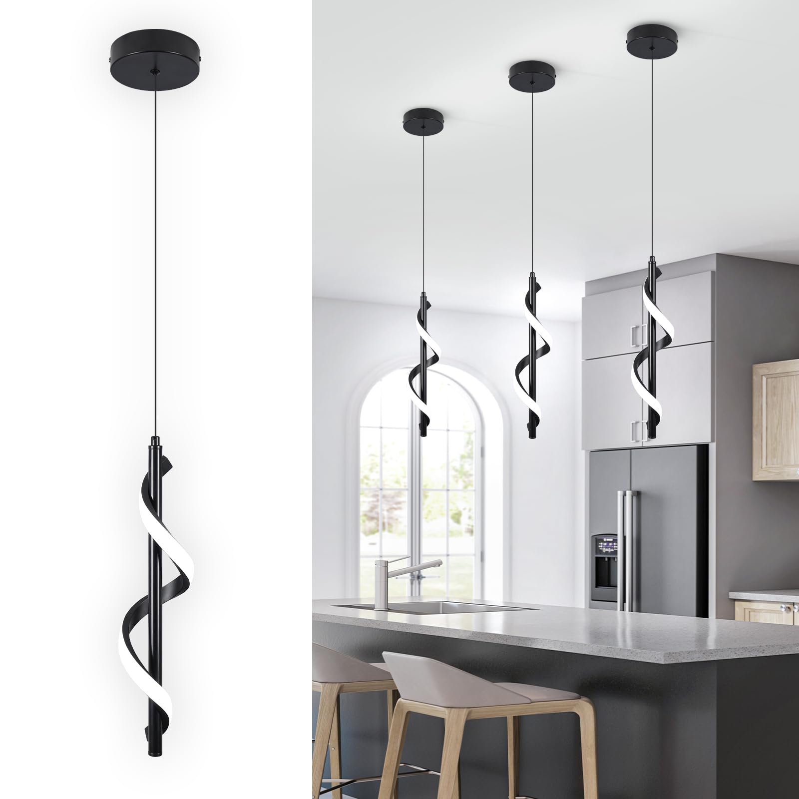 Photo 1 of Vloitgol Modern Led Pendant Light Fixtures,6000K Cool White Black Led Pendant Lighting for Kitchen Island,Adjustable Height Hanging Light Fixtures for Kitchen Dining Room Living Room,1 Pack