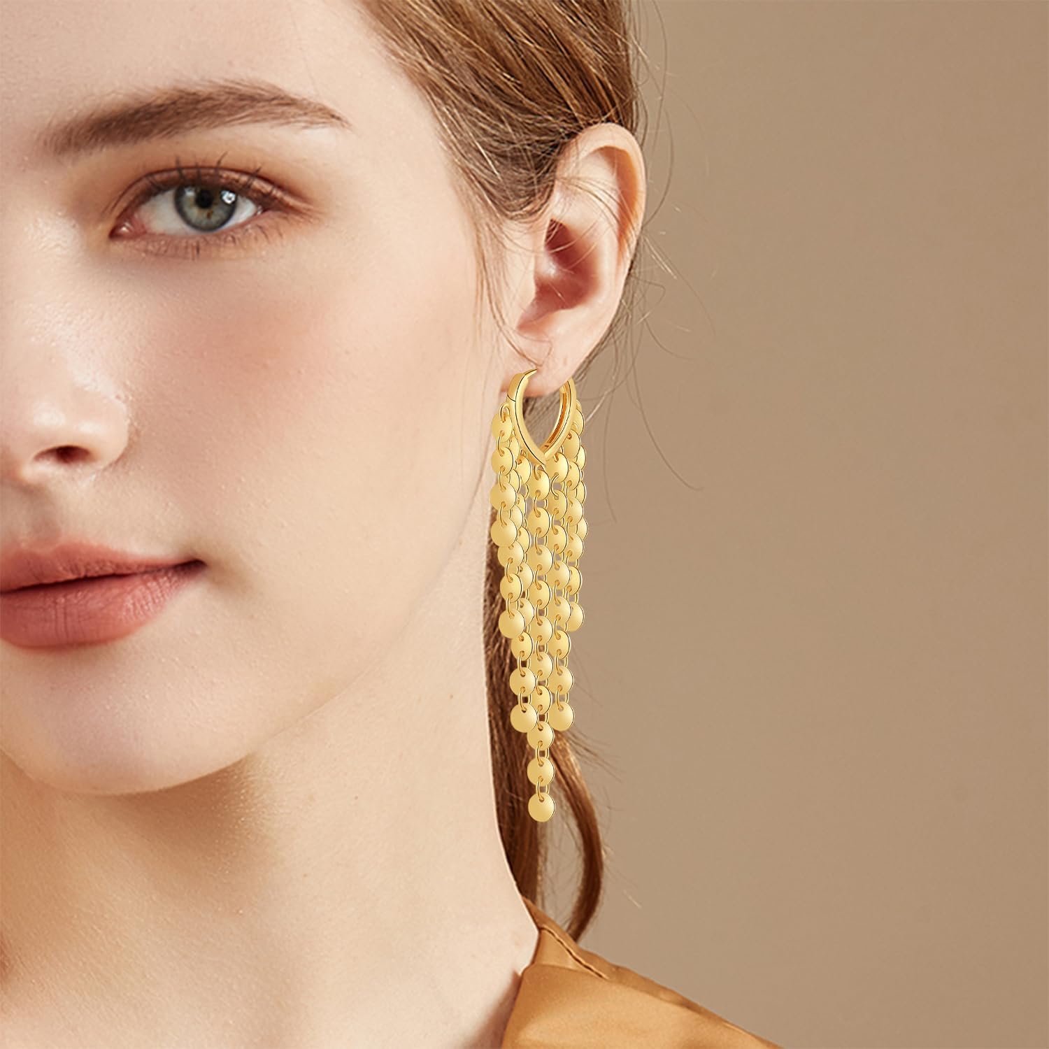 Bohemian Dainty 14K Gold Sequin Tassel Lightweight Dangle Drop Earrings Aesthetic Fringe Sparkly Alloy Huggie Earrings For Women - Image 3