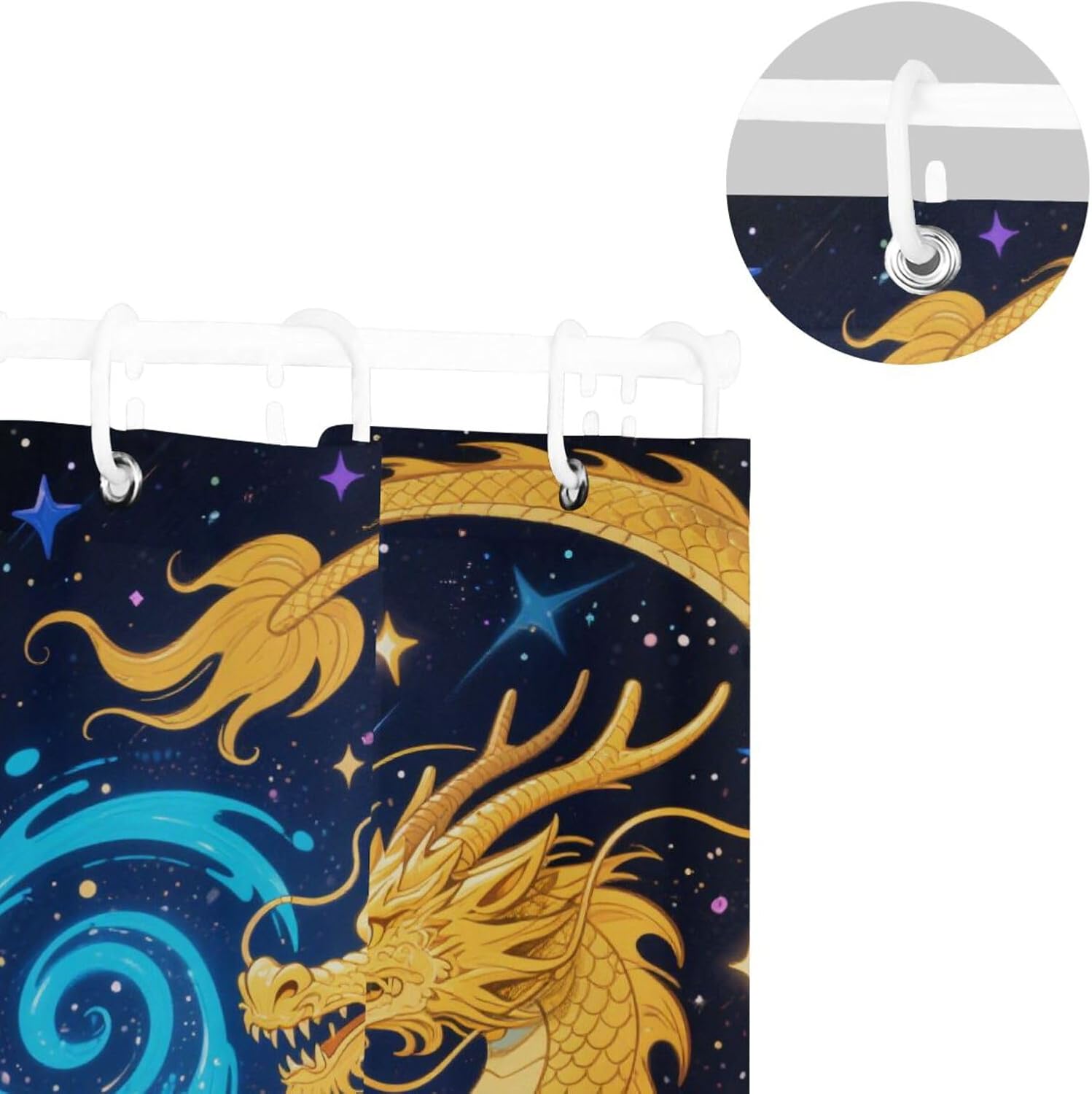 66x72 Inch Water Proof Material Decor Shower Curtain with Hook Abstract Night Sky Star Yellow Dragon Polyester Curtain Cloth Washable Large Shower Liner for Bathroom Decor