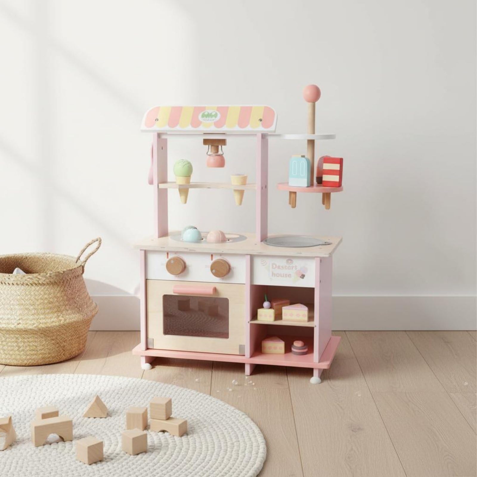 Jiuvaso Kids Dessert Playhouse Banco Gelati Finto per Bambini Negozio di Dolci in Legno Gioco di Ruolo Educativo Set Interattivo con Accessori Adatto per Casa Spazio Giochi Momenti Famiglia