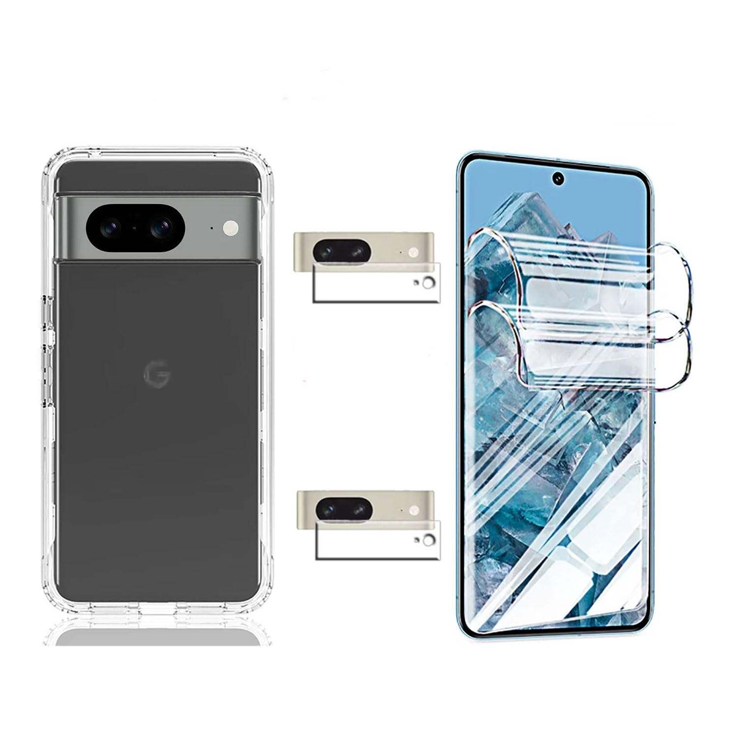 [1+2+2pcs] Compatible with Google Pixel 8 5G Screen Protector & Case & Camera Lens Protector, (Hydraulic Film) Soft Scratch-Proof Transparent Cover (Clear)