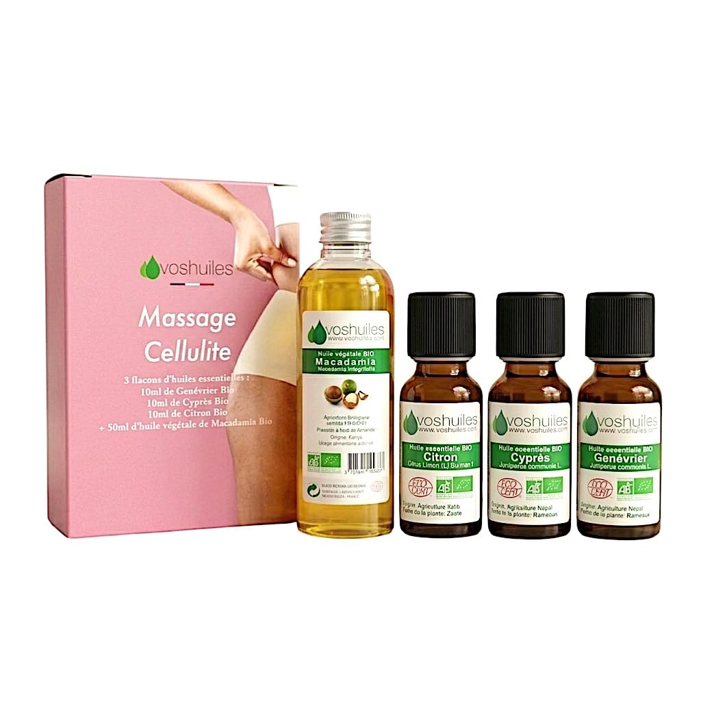 VOSHUILES - Kit Stop Cellulite - Huiles Essentielles Cyprès- Citron- Genévrier + Végétale Macadamia BIO - 100% Pure- Naturelle- HEBBD et ECOCERT - 3x10ml- 1x50ml