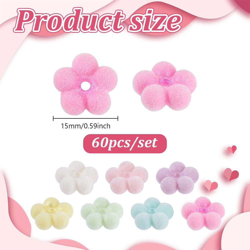 AHANDMAKER 60Pcs 15mm Bubblegum Beads for Pens, Flower Shape Flocking Acrylic Bead Colorful Chunky Beads for DIY Beadable Pens Jewelry Making Bracelets Necklaces Earrings Keychains Crafts - Image 2