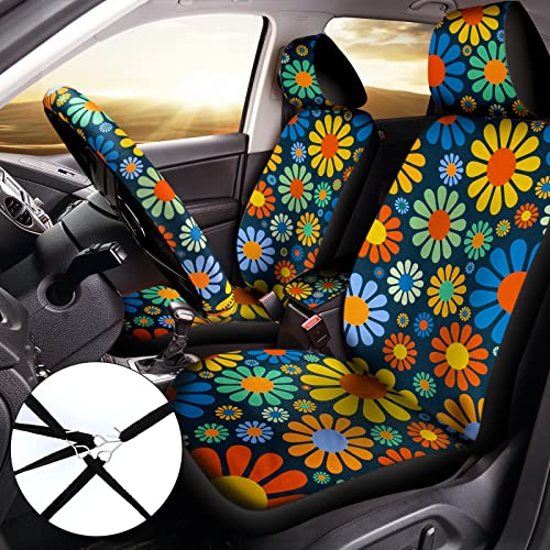 Tallew 10 Pcs Hippie Flower Car Seat Covers Full Set Universal Car Accessories Colorful Art Floral Seat Cover Steering Wheel Cover Armrest Pad Cover Seat Belt Pads For Women Men Car Truck Auto #TOP2
