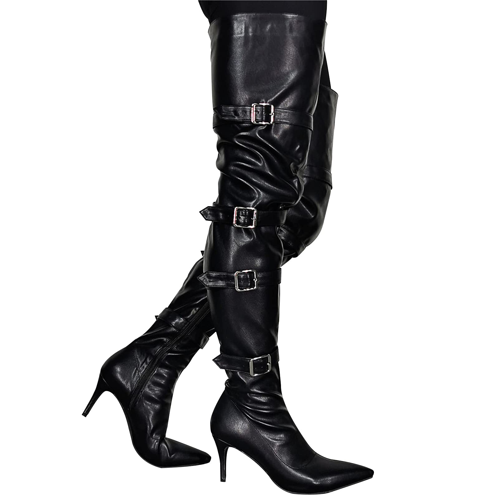 Zapatos de tacón de tacón de Stiletto para Mujer Punta de Punta de Punta Larga sobre la Rodilla Montar con Las Botas Altas de Ajuste Ancho con Correa de Hebilla Ajustable,Black-41