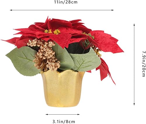 Miniatura 6 de KALLORY Flor de Pascua en maceta, flores artificiales de Navidad en maceta, flor de pascua roja sintética con bayas de acebo, bonsái para el hogar,