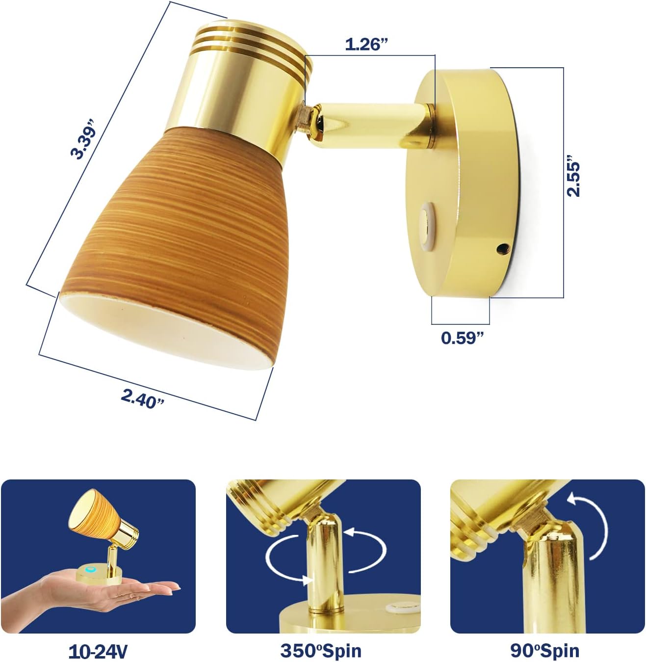 THALASSA RV 12 Volt Reading Lights, Frosted Glass with Wood Pattern polishing Finish Interior Lights, Aluminum with Gold Finish : Automotive