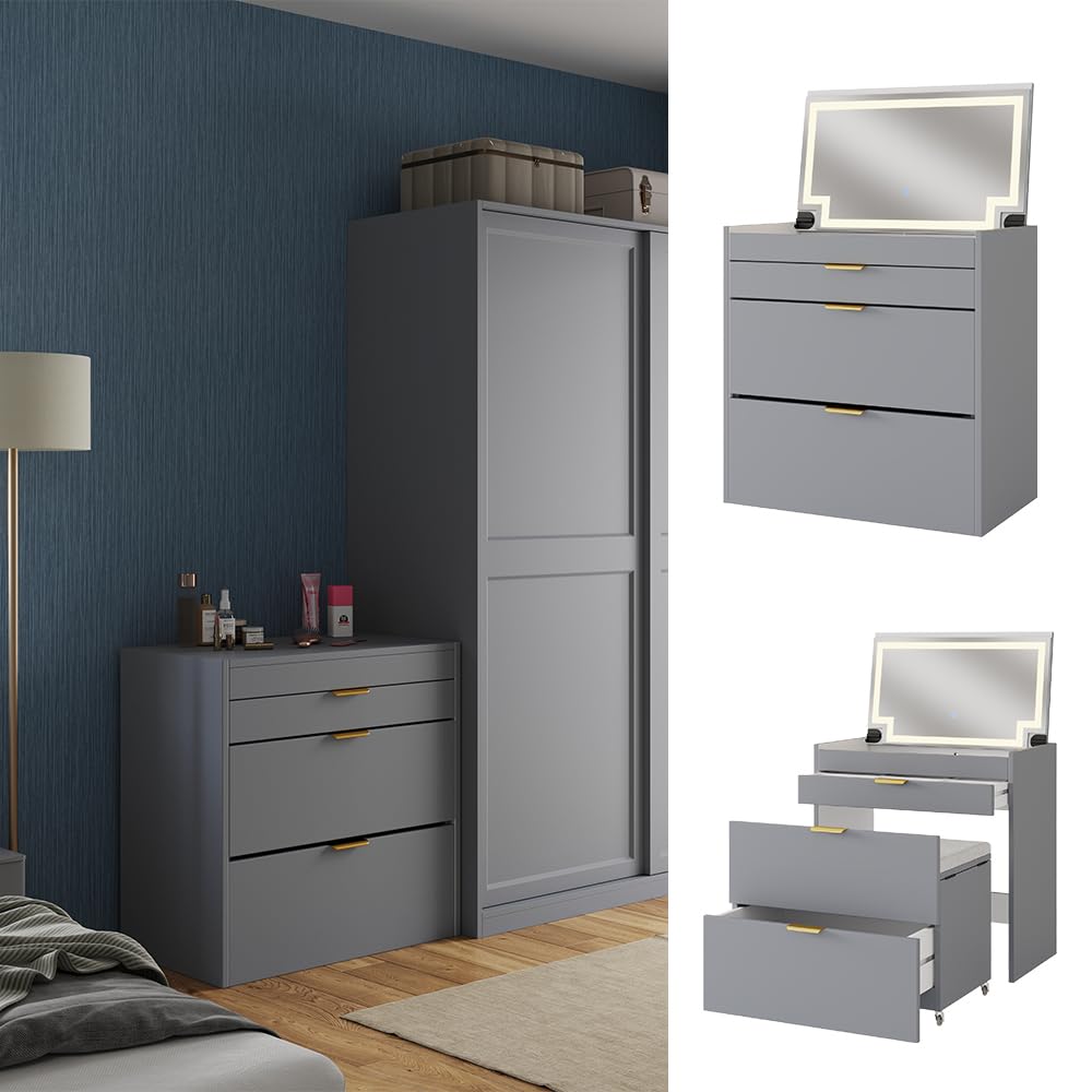 Vicco Schminkkommode Wanja, Grau, 80 cm | mit Bank und LED Spiegel, nutzbar als Schminktisch und Schreibtisch mit drehbarem Hocker
