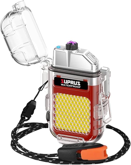 Suprus Wodoszczelna zapalniczka, 3 tryby, latarka, wiatroszczelna, podwójny łuk, zapalniczka elektryczna, do wielokrotnego ładowania, zapalniczka plazmowa Dual Arc z gwizdkiem ratunkowym i paskiem na