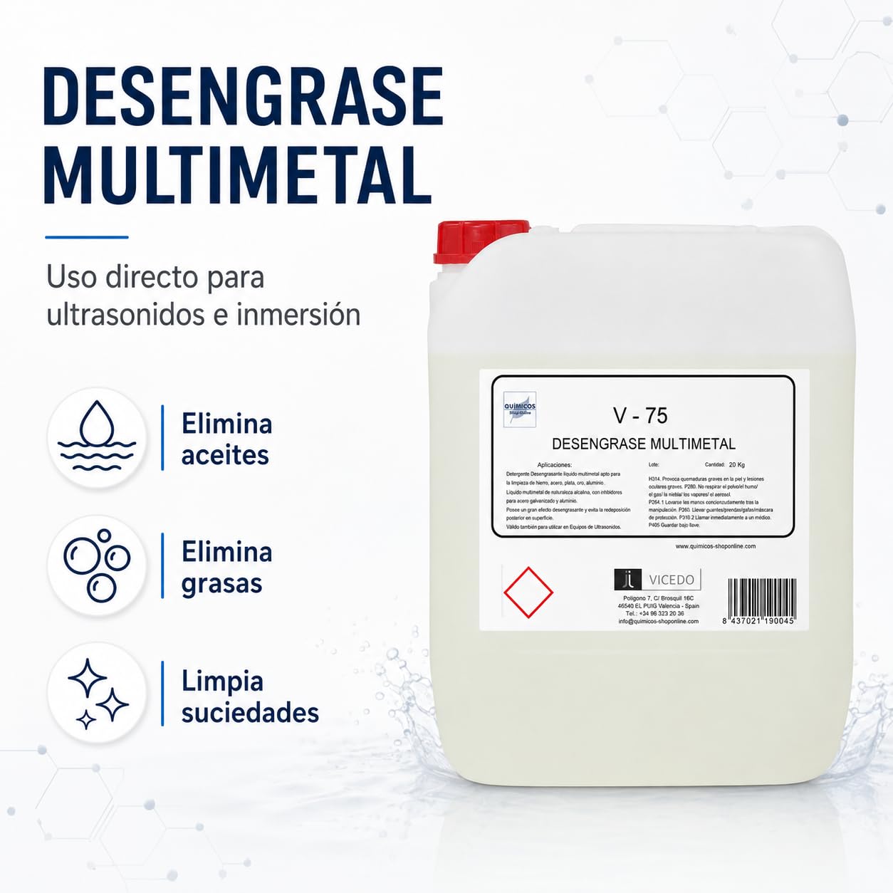 V-75 (20K) Líquido Desengrasante Multimetal para Ultrasonidos, 20L | Catalizadores, Filtros Partículas, Piezas Motor