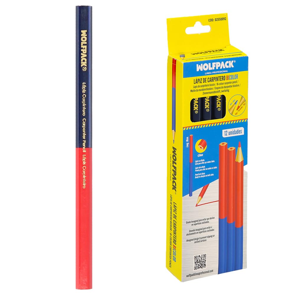 WOLFPACK LINEA PROFESIONAL Bicolor Carpenter Pencil 18 cm (12 Units) Pencil Marker, Carpentry Pencil, Work Marker Red/Blue