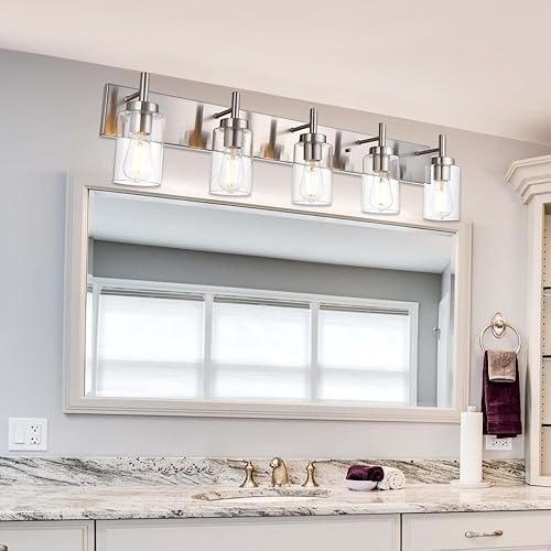 Miniatura 3 de VINLUZ Lámpara de tocador de baño de 5 luces, apliques de níquel cepillado, iluminación de pared, moderna lámpara industrial de montaje en pared