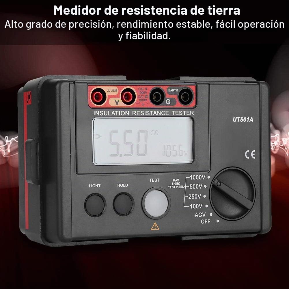 Probador de aislamiento digital, UT501A Multímetro de resistencia de tierra de aislamiento de 1000 V Probador de voltímetro multifunción con pantalla LCD grande