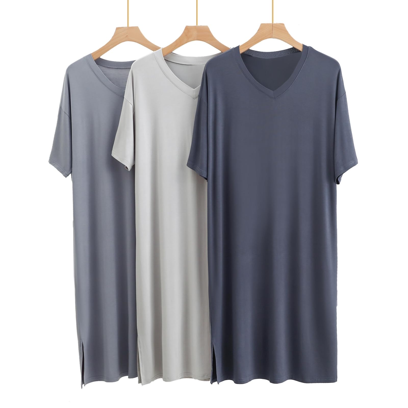 Pigiama Uomo Estivo Modal Modal's Night in Camicia da Notte Lunga Lunghezza A Maniche Corte V Accomo-Grigio Chiaro-XXXL