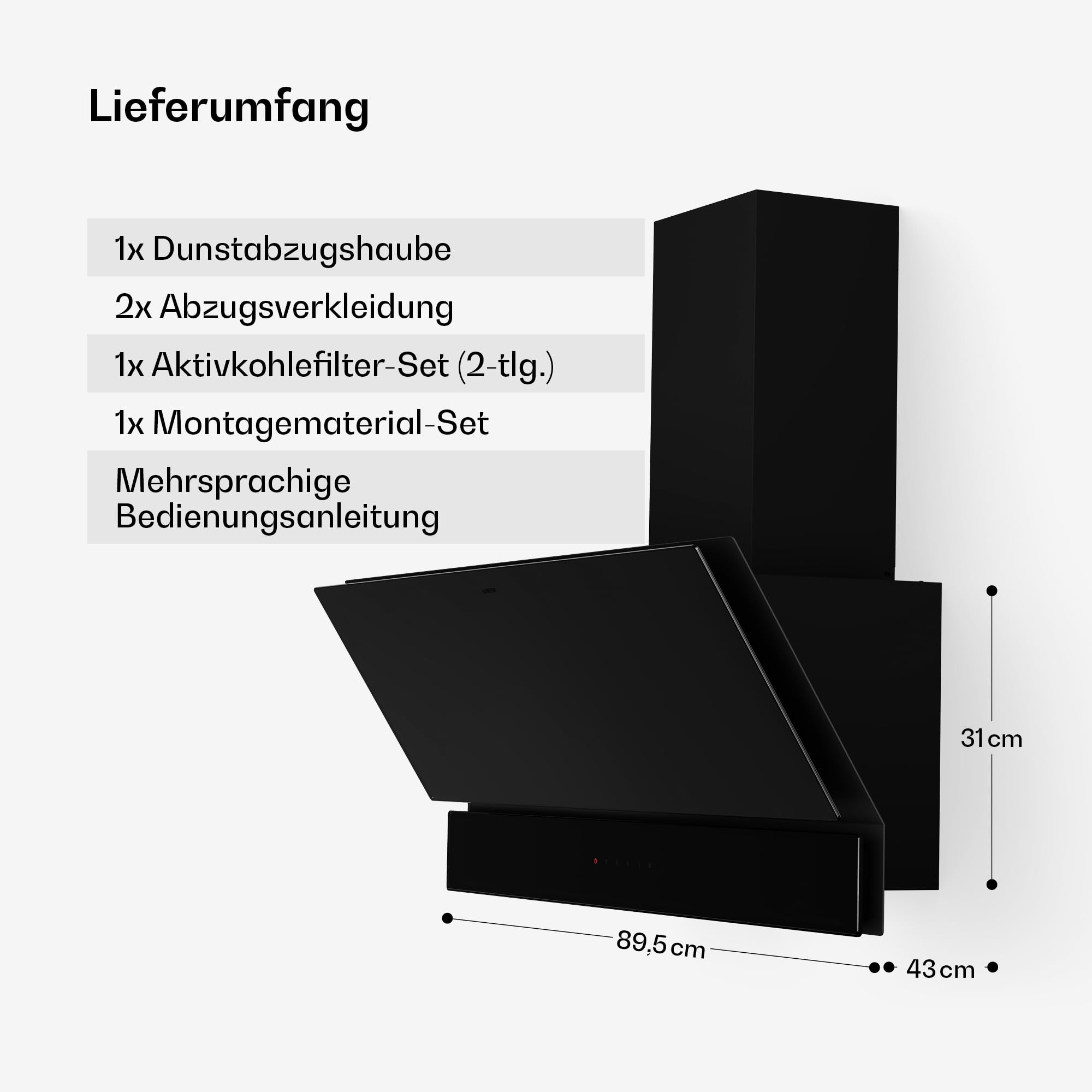 Klarstein Velaire Dunstabzugshaube 90 cm - Kopffreihaube, 820 m³/h Boost, A++ Energieeffizienz, Touch-Bedienung, LED, leise, Aluminium- & Aktivkohlefilter, Abzugshaube Küche, Schwarz