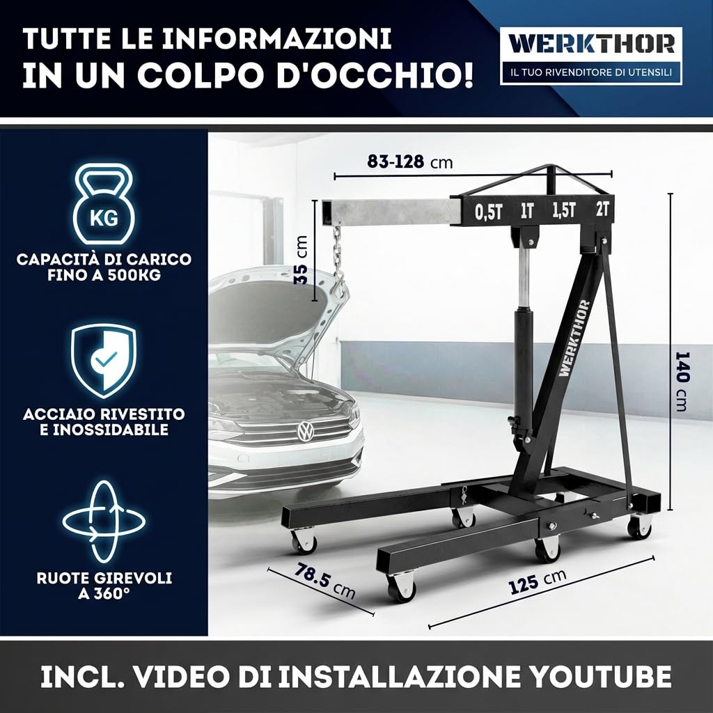 WERKTHOR Grúa de taller – 500 kg de grúa hidráulica no plegable – grúa de motor para coche negro con 4 ruedas y cadena equilibradora – elevador de motor para desmontaje de motor – taller y hobby