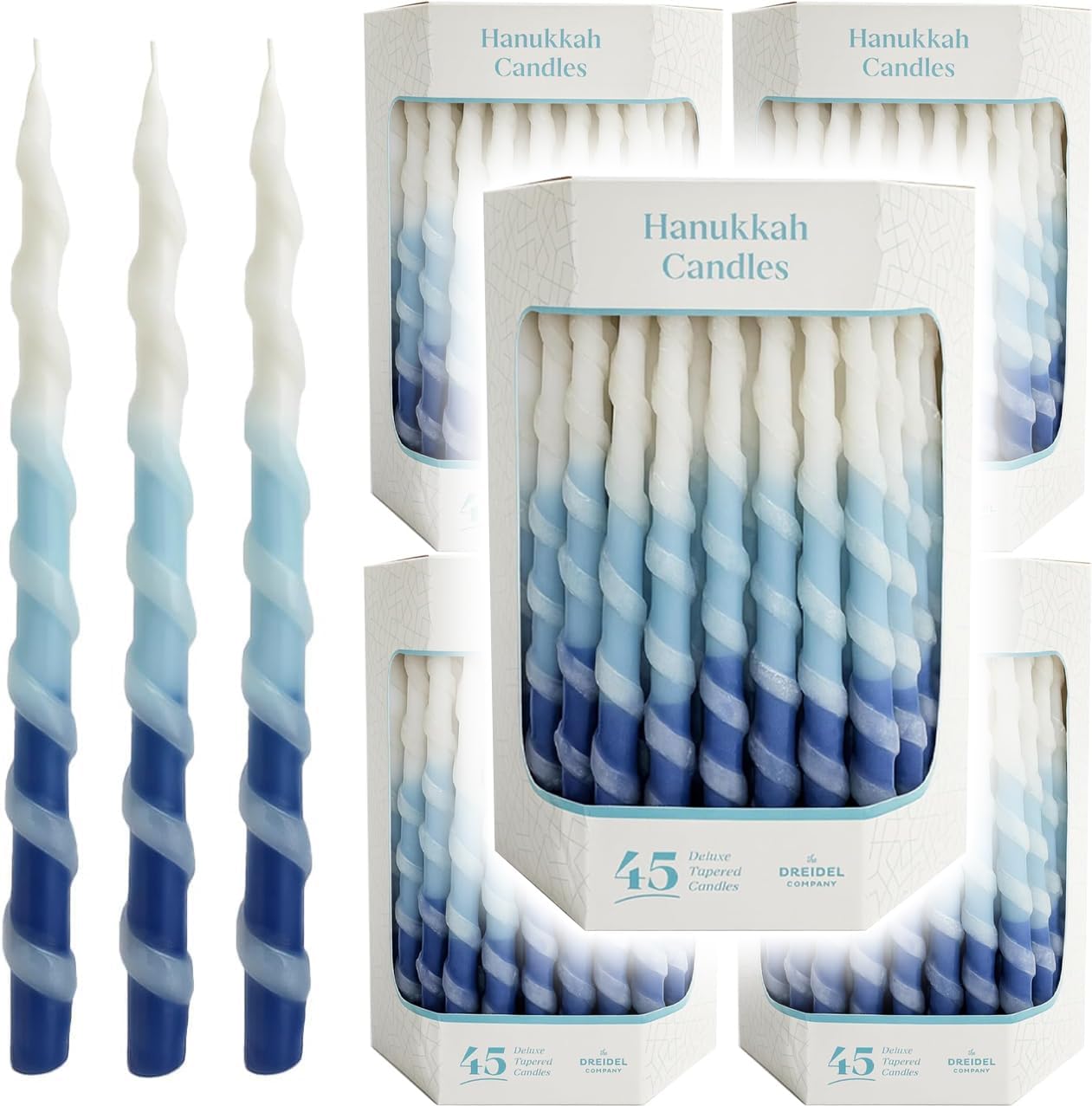 The Dreidel Company Deluxe Twisted Blue & White Hanukkah Menorah Candles for All 8 Nights of Chanukah (5-Pack)