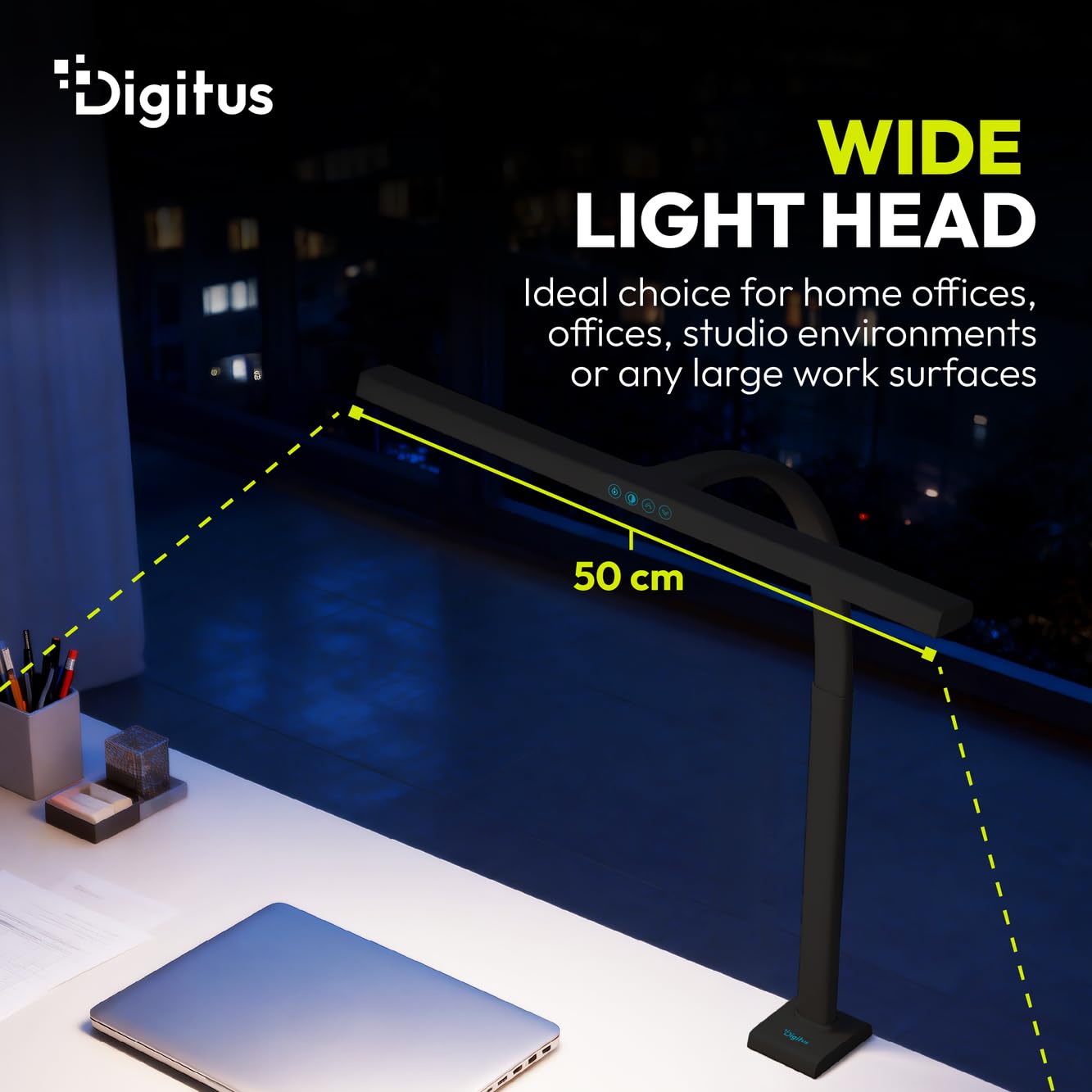 Digitus Lampada da scrivania a LED – 1025 lumen – Larghezza 50 cm – 7 W | 1000 lux – Temperatura di colore a 4 livelli – Regolabile – Controllo touch – Braccio flessibile – Base a morsetto – Nero