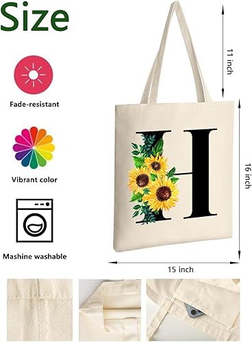 Miniatura 3 de AUSVKAI Bolsa Tote de Lona Estética para Mujeres, Lindo Girasol Trendy Personalizado Inicial Monograma Cumpleaños Bolsas de Algodón Reutilizables