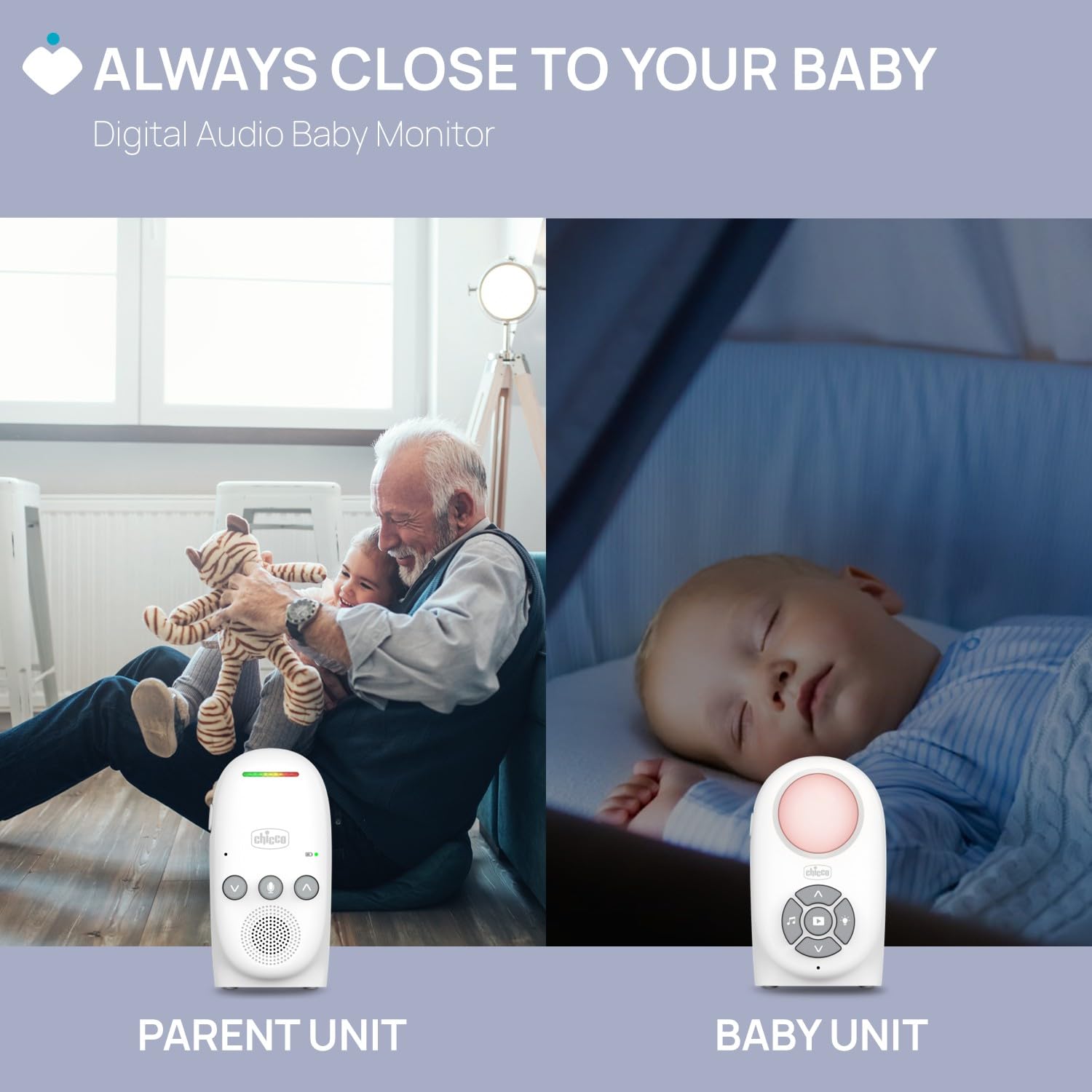Chicco Audio Monitor para Bebés Digital con Tecnología DECT, Conexión Segura y Anti-Interferencias, Comunicación Bidireccional, 5 Canciones de Cuna, Modo VOX de Ahorro Energético
