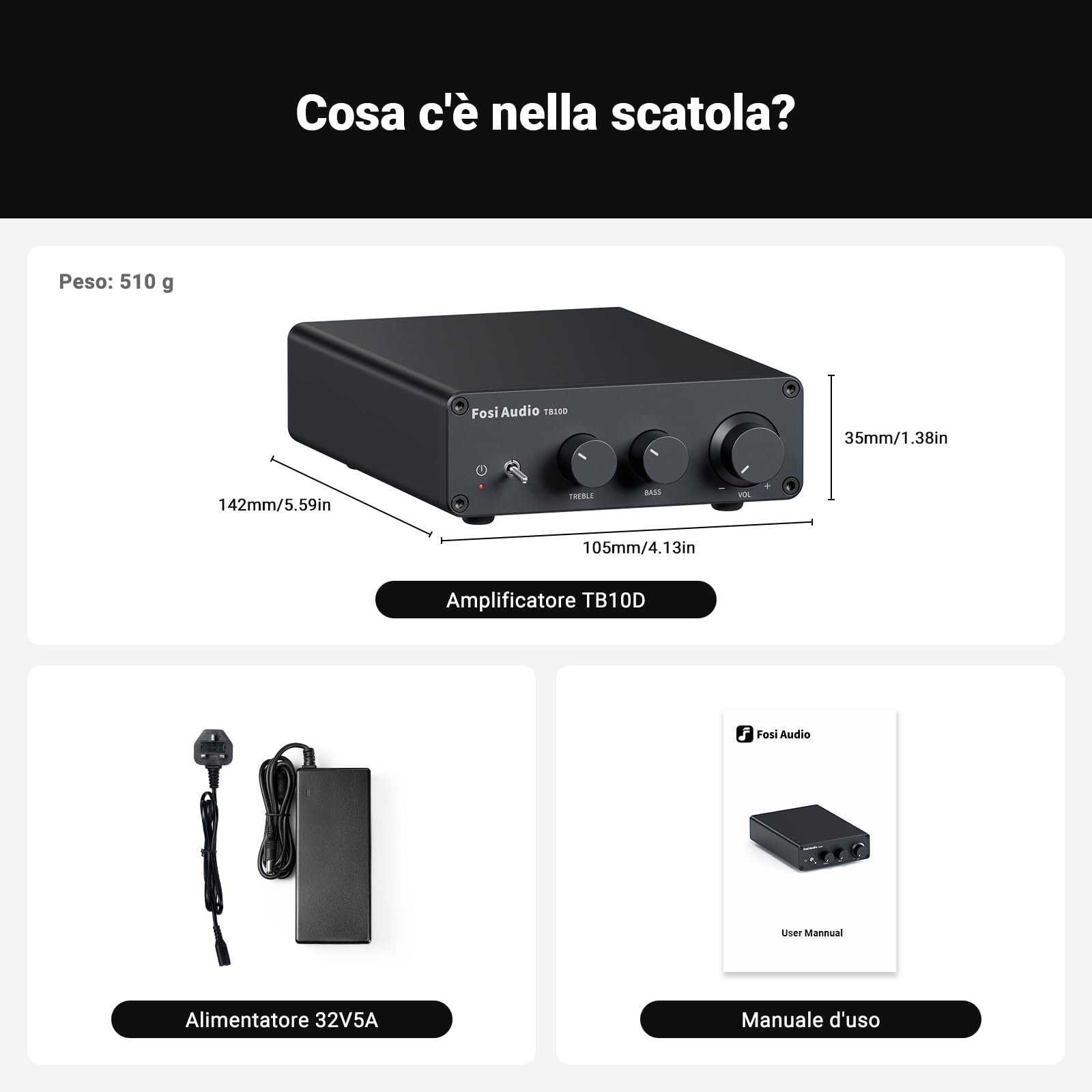 Fosi Audio TB10D Amplificatore Audio, 600W Chip TI TPA3255, Mini Amplificatore HiFi Stereo, 2.0 Canali Classe D Amplificatore, con ingresso analogico (RCA), Controllo Alti e Bassi per Home Theater