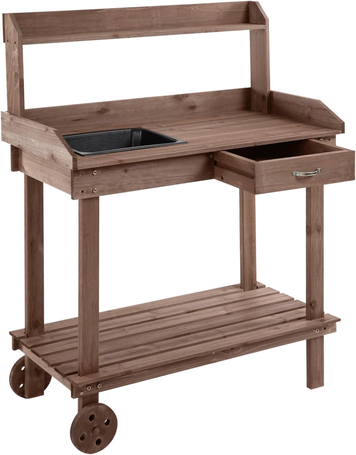 36" Wooden Potting Bench Work Table with 2 Removable Wheels, Sink, Drawer & Large Storage Spaces, Brown
