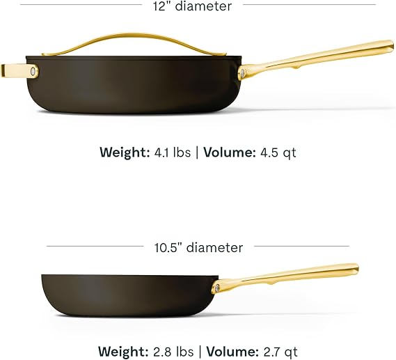 Caraway Fry Pan and Saute Pan Duo - 10.5 Ceramic Frying Pan and 12 Deep Saute Pan with Lid - Non Stick, Non Toxic, Oven Safe - Black