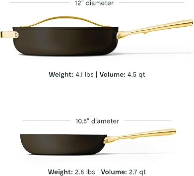 Caraway Fry Pan and Saute Pan Duo - 10.5 Ceramic Frying Pan and 12 Deep Saute Pan with Lid - Non Stick, Non Toxic, Oven Safe - Black