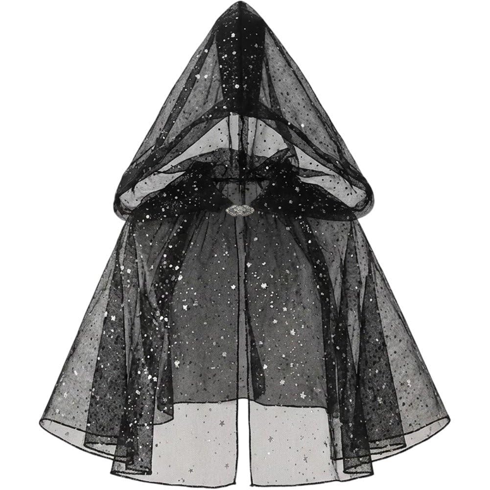 Sslvya Mesh Hooded Cloak Adult Sheer Cape Wedding Short Cloak for Halloween Christmas Medieval Renaissance Cosplay Costume