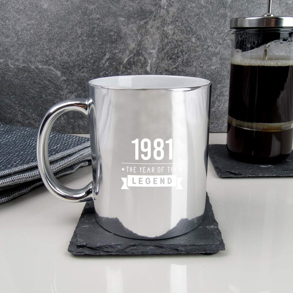 Gift for Dad Engraved Shiny Silver Coffee Mug "1981 Year of The Legend" Design, 40th Birthday, 350ml Tea Cup, Ceramic