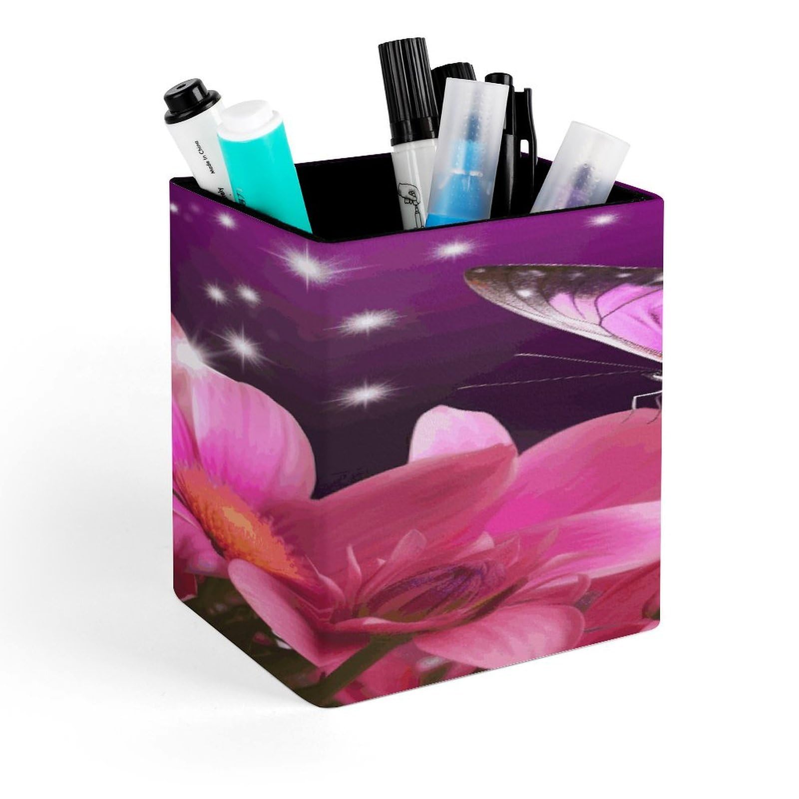 JTREHY - Pink Butterfly Flower Pen Holder Pencil Holder Square PU Leather Stationery Organizer Office Accessories Container Box