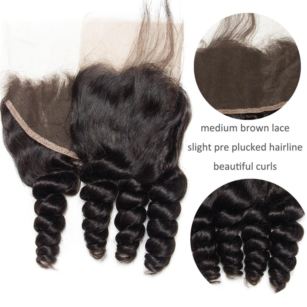 Codzienne użytkowanie Zestaw 3 peruwiańskich włosów ludzkich Remy Loose Wave z zamknięciem z przodu, 13 x 4, wstępnie depilowana linia włosów na imprezę (16+18+20+Closure 14)