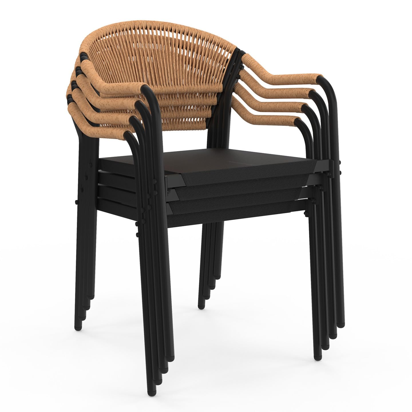 IDMarket - Lot de 4 chaises de Jardin Madeira métal, Cordage et textilène Noir et rotin Clair
