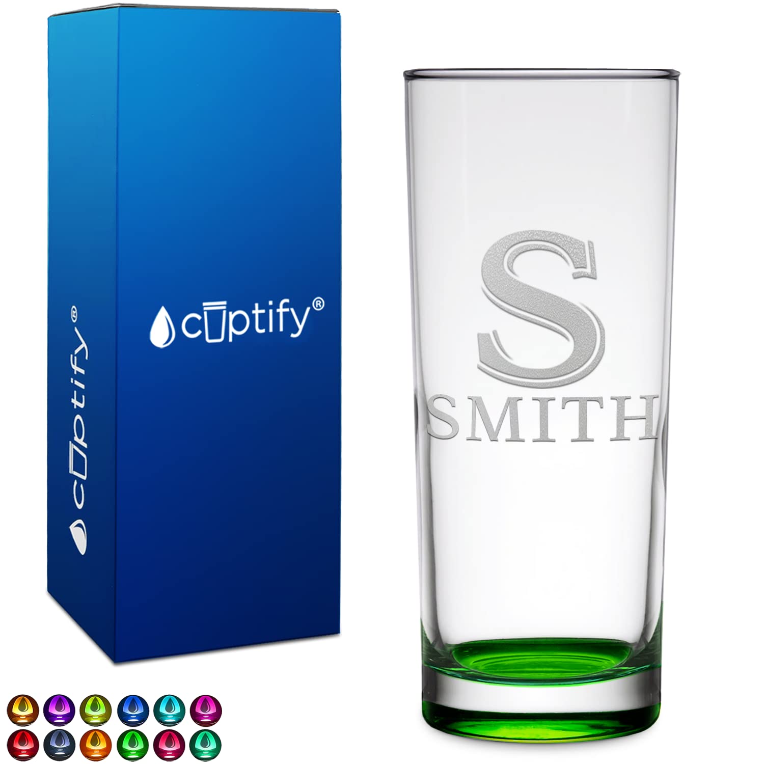 Personalized Drinking Glasses Initial Block 10 oz Green Bottom Etched Highball Glass with Custom Text Birthday Gift for Women and Men