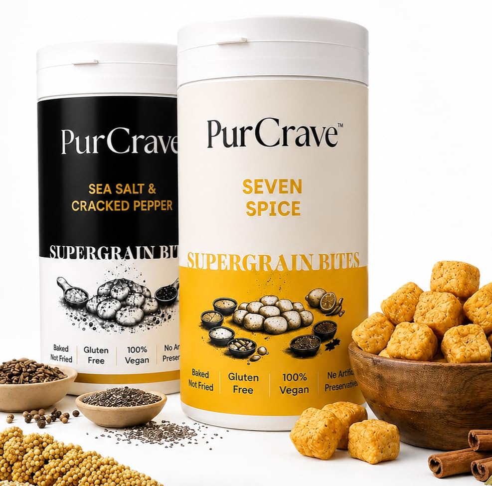 Image of PurCrave Supergrain Bites Signature Pack of 2 Gluten Free Crunchy Snack Vegan Baked Not Fried Protein & Fibre Rich No Artificial Preservatives or Colors No Added MSG Healthy Anytime Snack