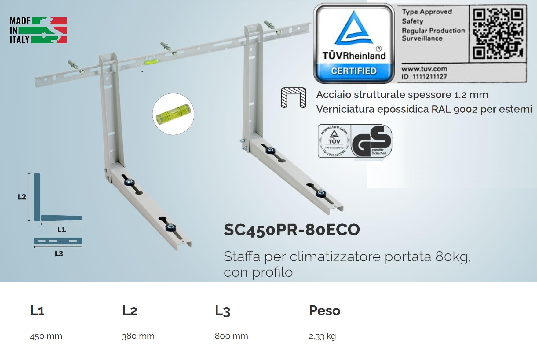 Staffe per climatizzatore in acciaio unità esterna 450x380x800mm Carico Certificato 80 Kg (Collaudate 240 Kg) , Acciaio strutturale spessore 1,2 mm Verniciatura epox RAL 9002 con Kit montaggio