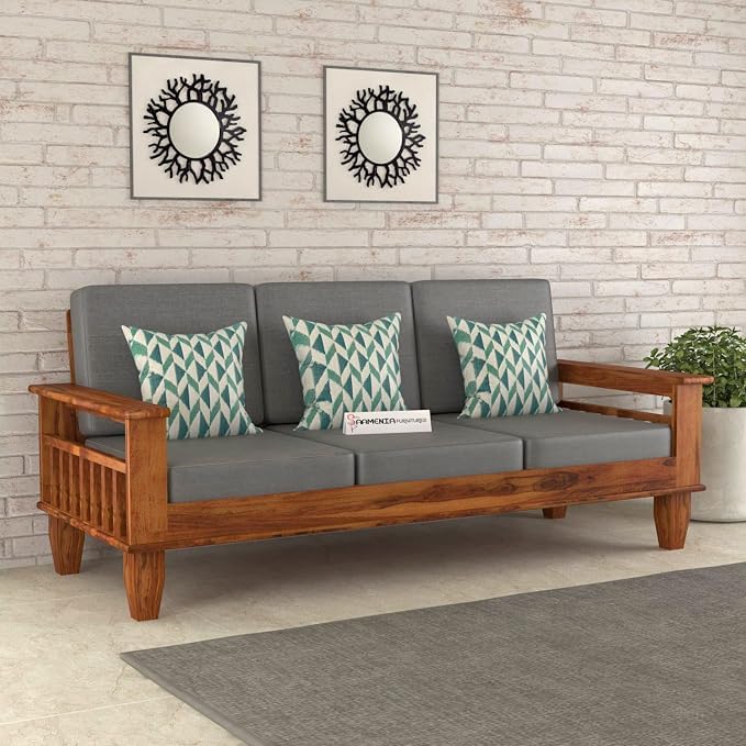 Image of Sheesham Wooden 3 Seater Sofa for Living Room | Rosewood 3 Seater Cushion Sofa with Side Newspaper Holder for Home & Office | Solid Wood Sofa Set for Lounge (Honey Finish)