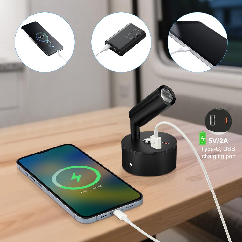 12V LED Leselampe Wohnmobil, 2 Stück Wohnmobil, Wandleuchte Bettlampe mit Schalter Touch Dimmbar, 3 Farbtemperatur Modi mit Ladefunktion USB A+C-Anschlüssen für Auto Wohnwagen Innenbeleuchtung