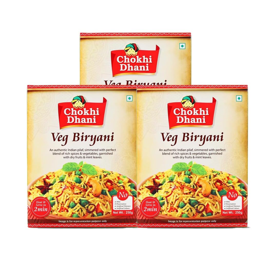 Chokhi Dhani Veg Biryani | Ready to Eat Meals | Just Heat & Eat | Microwave | Stove Top or Hot Water | Ready in 2 Minutes | Pack of 3, 250 gm
