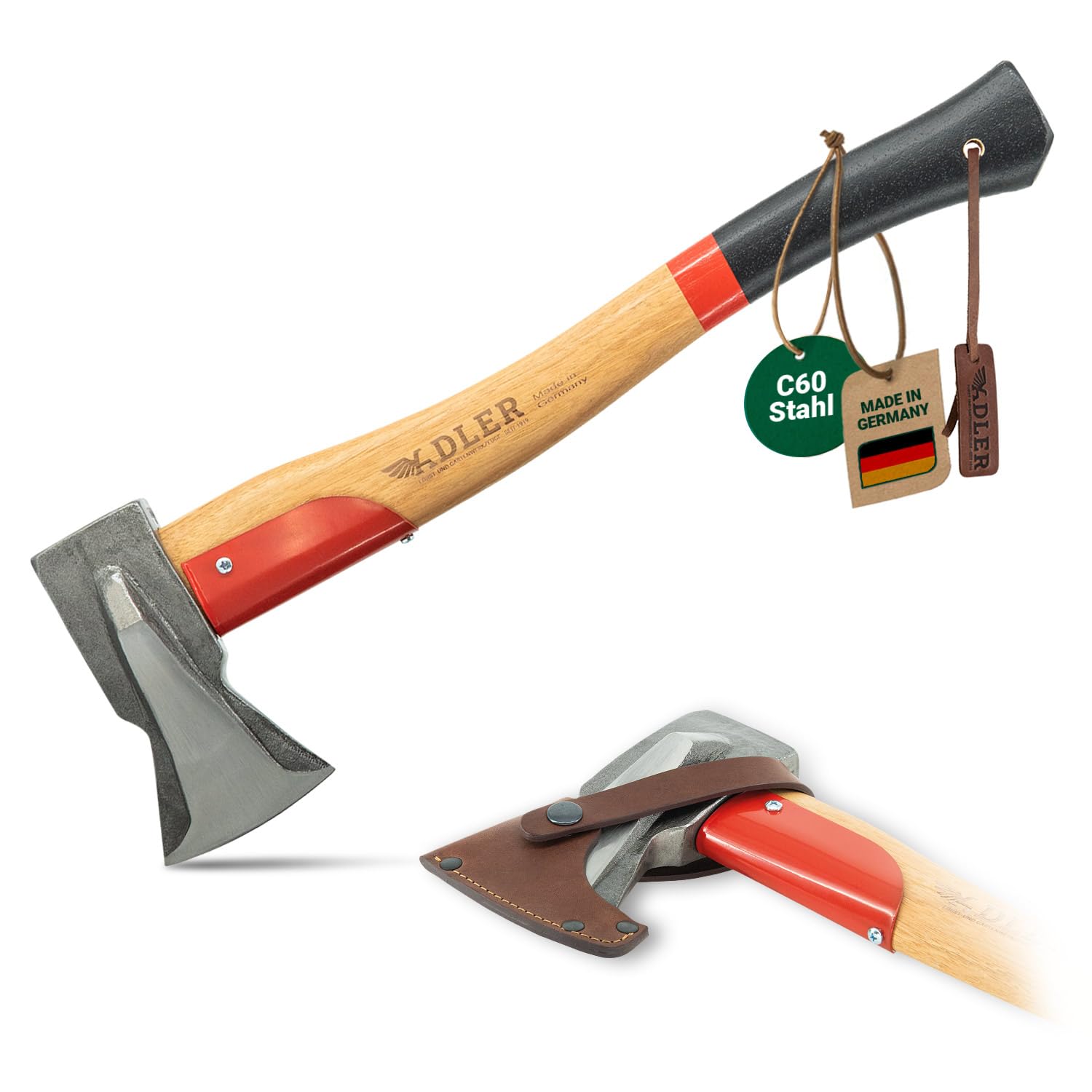 ADLER Spaltbeil inkl. Lederschutz: Beil zum Holz spalten, Geschmiedetes Holzbeil aus C60-Stahl, Spaltaxt mit 50 cm Hickorystiel, Anti-Rutsch Outdoor-Forstaxt, Grün/schwarz, 1250 g (Rot/Schwarz)