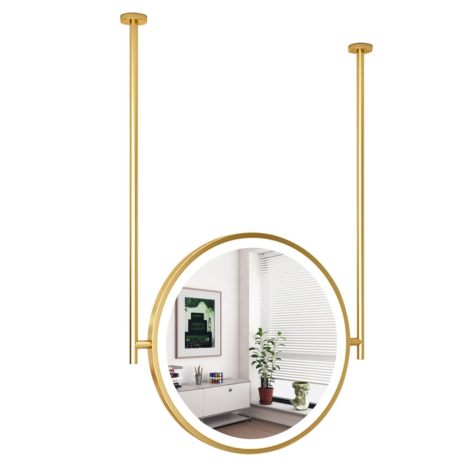 Miroir LED rond moderne à suspendre au plafond cadre doré salle de bain 70cm