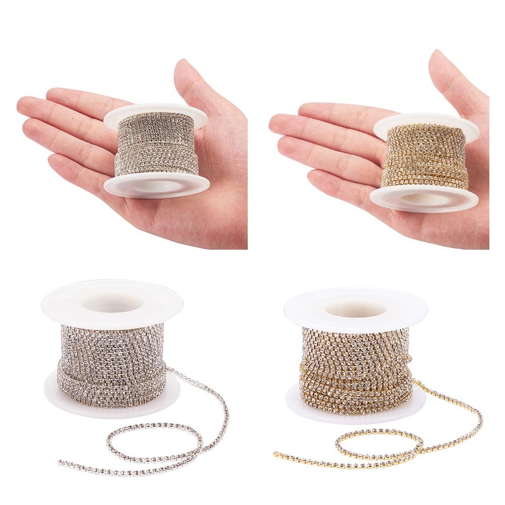 BENECREAT 2 Rolls 10 Yard Crystal Strass Artigianato da Cucire a Catena di articolazione, 2mm - Argento e Oro (Fondo Argento)