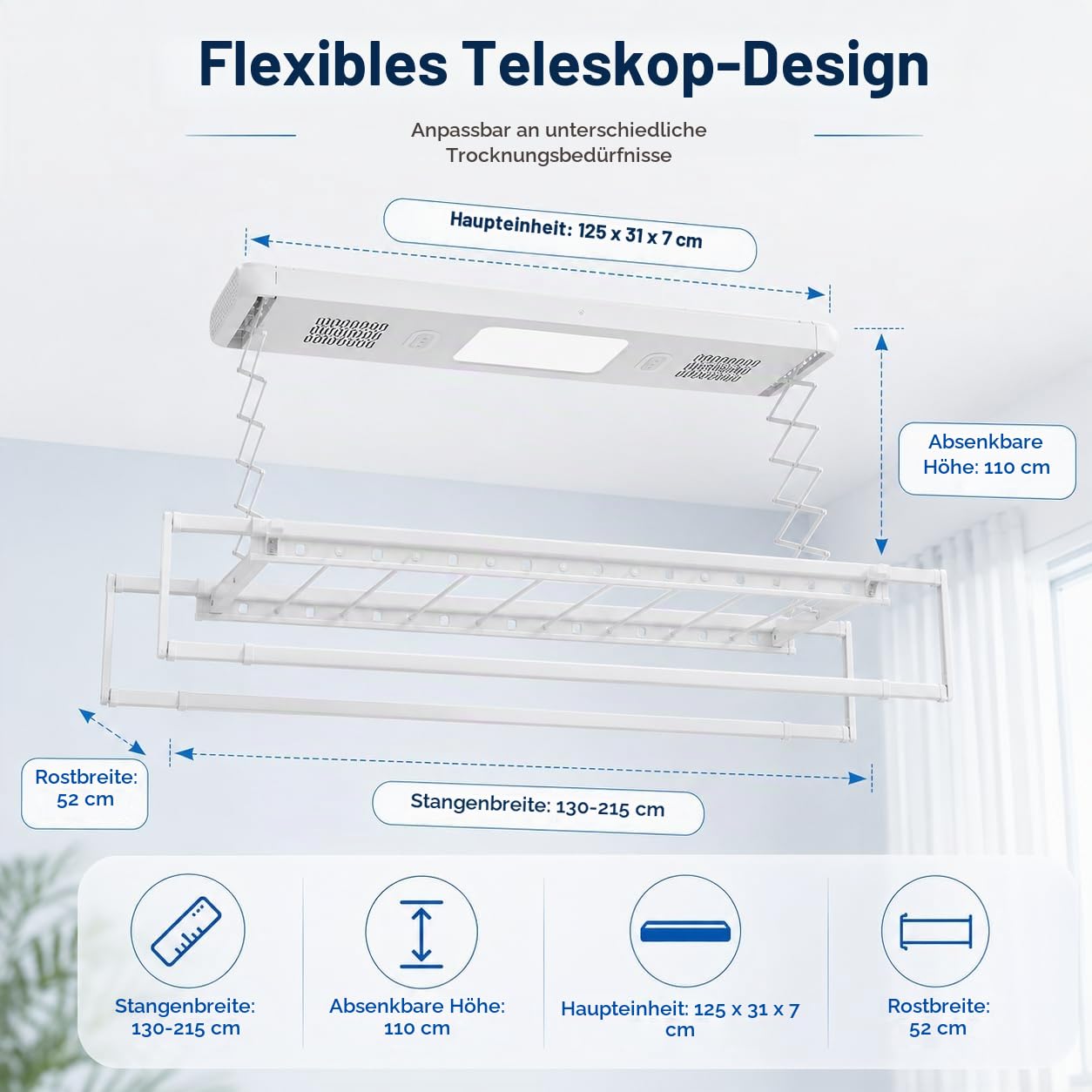 Elektrischer Wäscheständer Deckenmontage Mit Fernbedienung und LED-Licht,Verstellbare Länge und Höhe Wand und Decken Wäscheständer,Für Familien, Balkone, Wohnungen (Weiß)