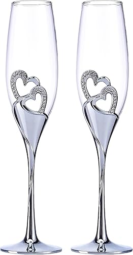 LANLONG Copas de champán para boda, copas de flauta para novia y novio, creativas copas de vidrio de lujo con borde de diamantes de imitación