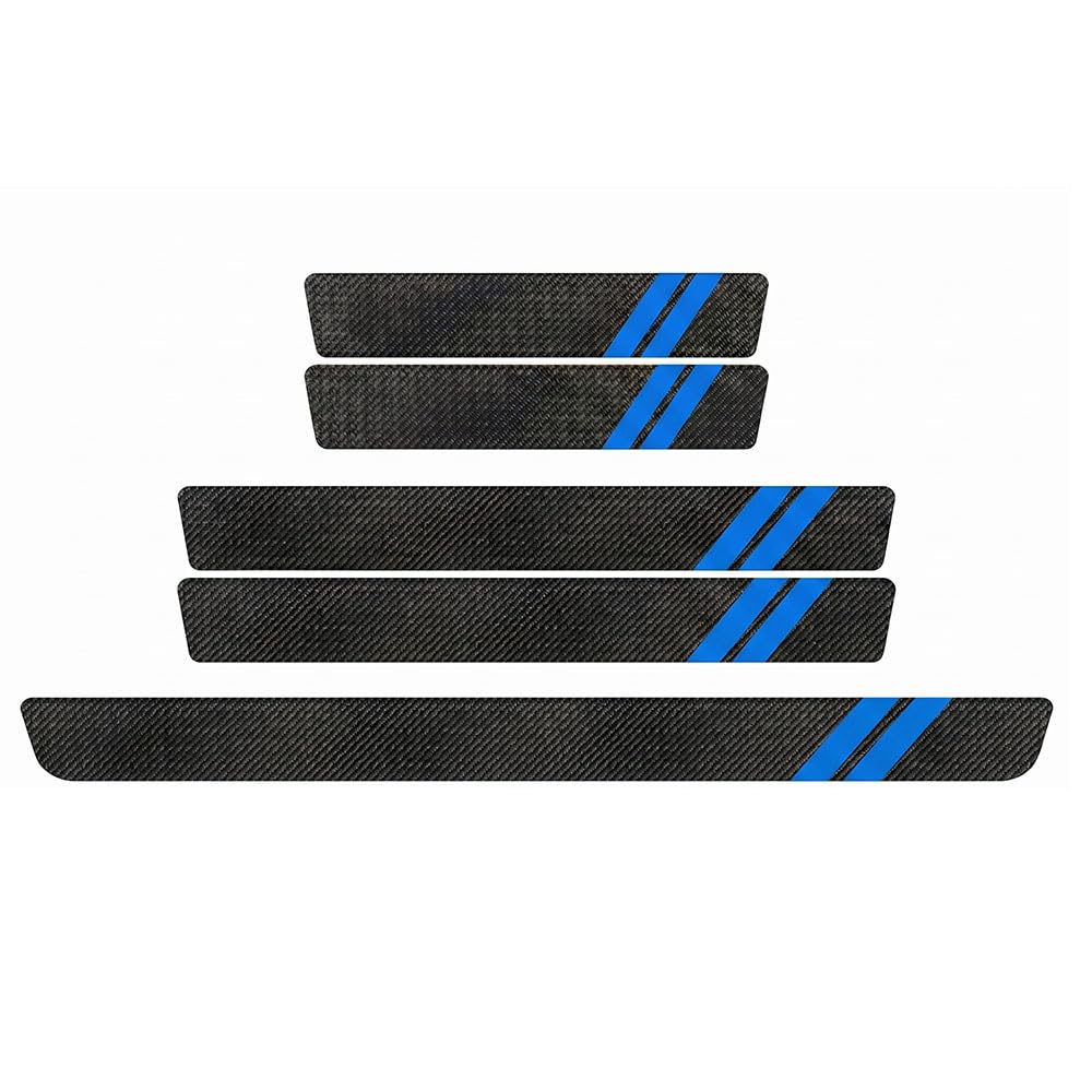 Azlgdp Normal 5 Pcs Carbon Fibre Car Door Sill Protectors Scuff Plate Guards For Citroën C4 Spacetourer (B78 2013-2022), Anti-Scratch Door Step Edge Cover & Rear Boot Bumper Guard With Blue Stripes